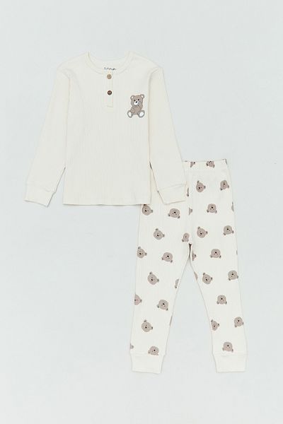 Fulla Moda Ribbed Teddy Bear Printed 2-Piece Girl's Set