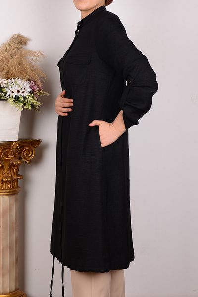 Armine 24yt411 Black Women's Comfortable Cut Elastic Bottom Front Zipper Front Pocket Detailed Tunic