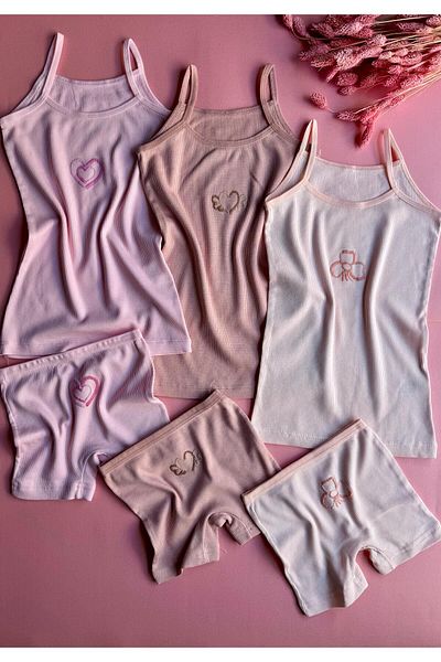 VicTroy Modal Fabric, 3-Piece Embroidered Girl's Undershirt and Boxer Shorts Set (6 Pieces in Total)