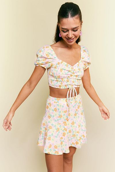 DeFacto Μπλούζα με μοτίβο Slim Fit Crop - Λεπτομέρεια με κορδόνι, κοντό μανίκι U5234az23sm