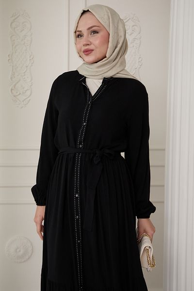 InStyle Μαύρο φόρεμα βισκόζης με πουά μπροστά