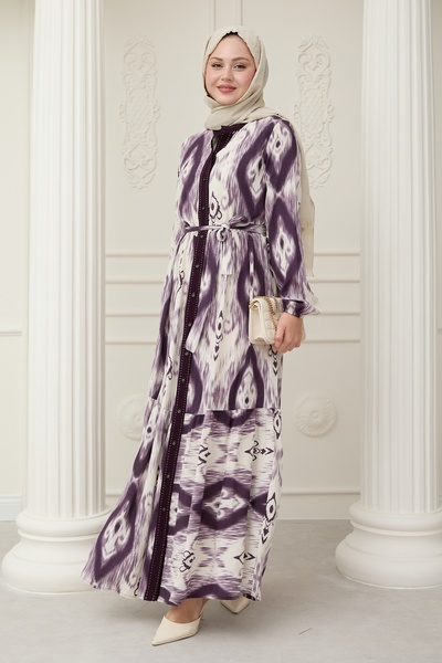 InStyle Ethnic Pattern Purple Viscose Dress with Punt on the Front