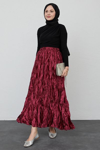 InStyle Fusta din satin roșu Claret cu perle