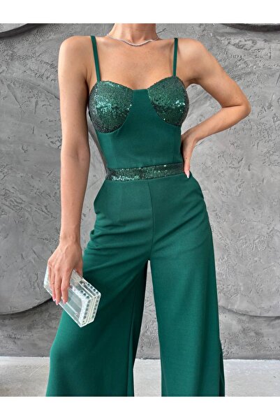 mass fashion Kadın Pul Payet Detaylı Yırtmaçlı Tulum