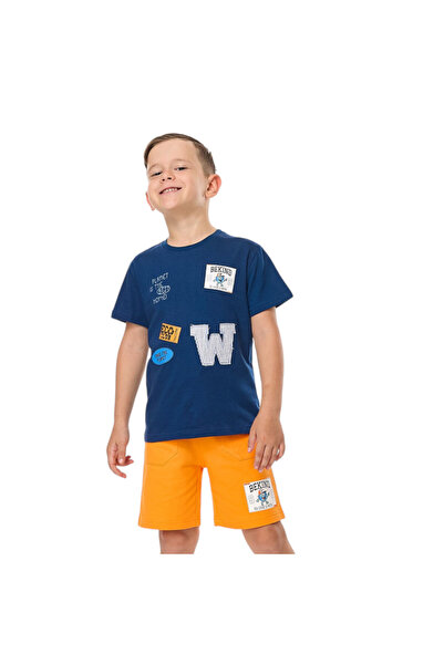 Victor and Jane Cotton Round Neck T-Shirt & Shorts Set with label detail - Bl...