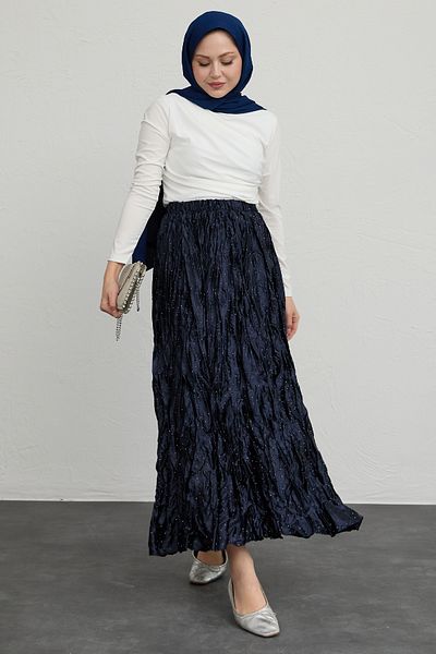 InStyle Fusta din satin bleumarin cu perle