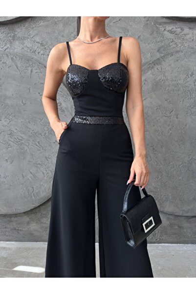 mass fashion Kadın Pul Payet Detaylı Yırtmaçlı Tulum