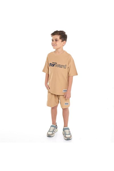 Victor and Jane Boys' Jacquard Set – Sand Color Striped Design with Textured Material