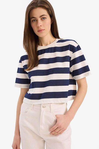 DeFacto New Season Boxy Fit Crew Neck Striped Combed Cotton Short Sleeve T-Shirt