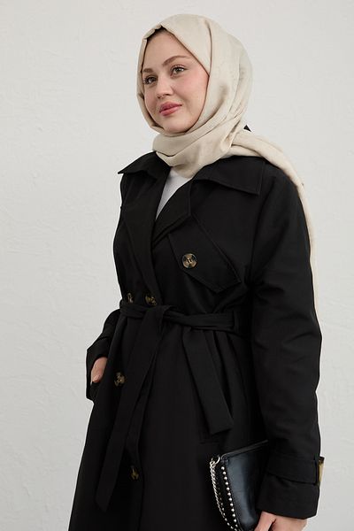 InStyle Black Trench Coat with Cross Pocket Detail
