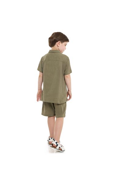 Victor and Jane Boys' Casual Cotton Shirt & Shorts Set with pocket Embroidery Motif – Short Sleeve Outfit - Olive