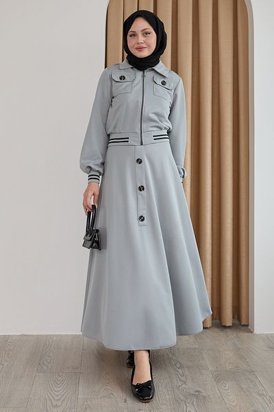 InStyle بدلة مزدوجة رمادية بأزرار مضلعة
