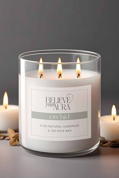 Believe Your Aura Orkide Kokulu Büyük Kavanoz Mum - %100 Doğal Soya Mumu Ahşa...