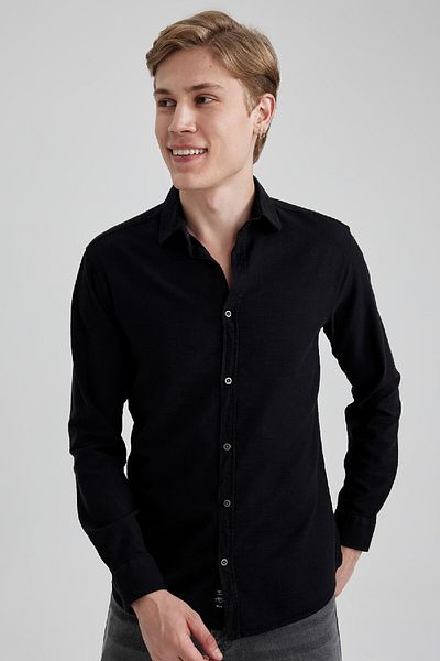 DeFacto Slim Fit Slim Fit βαμβακερό Basic μακρυμάνικο μαύρο πουκάμισο A4644ax23au