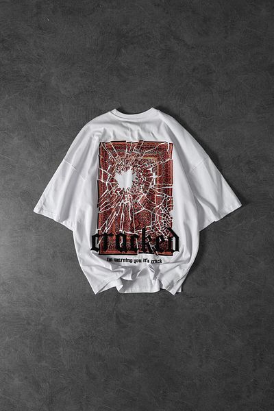 Slatra Λευκό Κεντημένο Oversize Ανδρικό T-Shirt - Σκασμένο Κιλίμ Εκτύπωση