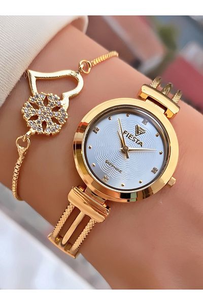 Fiesta Gold Yellow Steel Strap Bridal, Engagement, Wedding Small Case Wristwatch