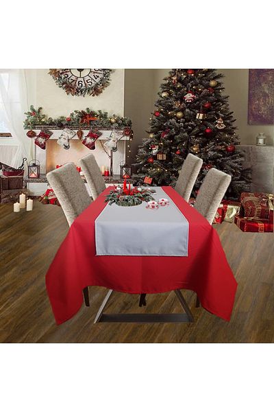 Kotonia Home Red Tablecloth Set With Plain Gray Tablecloth Emma 06, Cretonne, 180x220 Cm 45x180 Cm,