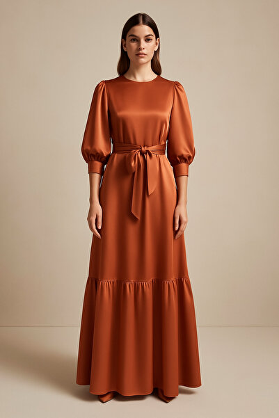 UNTIMELY Fırfırlı & Balon Kollu Kiremit Rengi Abraham İpeksi Saten Elbise