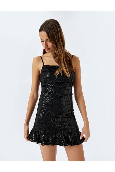 Koton Strappy sequined voluminous square neck mini dress.