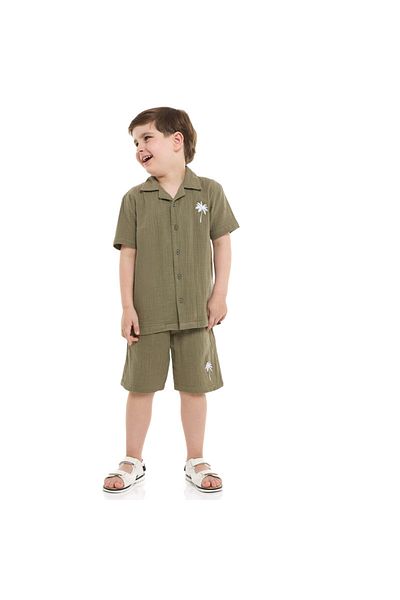 Victor and Jane Boys' Casual Cotton Shirt & Shorts Set with pocket Embroidery Motif – Short Sleeve Outfit - Olive