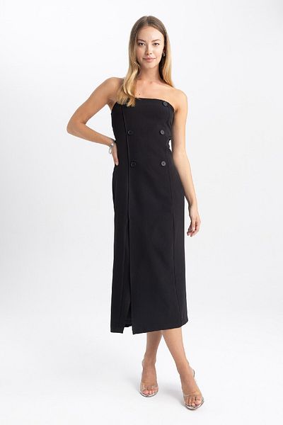 DeFacto Bezramínek Basic Plain Slit Midi Černé šaty B1997Ax23Au