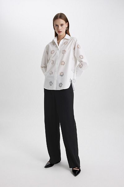 DeFacto Cămașă oversize cu mânecă lungă cu broderie largă B5419ax24sm