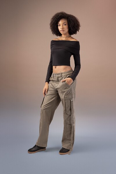 DeFacto Gabardin Pantolon Straight Fit Kargo Cepli Yüksek Bel Standart Boy B3625ax23au