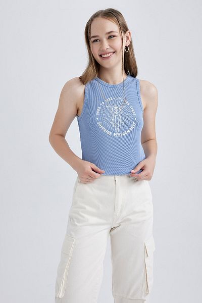 DeFacto Skvěle vypasovaná potištěná žebrovaná košilka Washed Pale Effect Athlete B1749x23hs