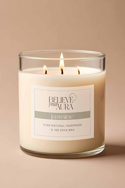 Believe Your Aura Yasemin Kokulu Büyük Kavanoz Mum - %100 Doğal Soya Mumu Ahş...