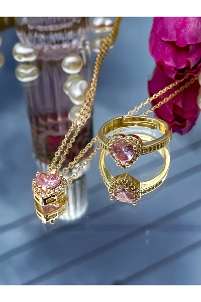 S.POLO ÇELİK KADIN KOLYE YÜZÜK TAKIM SET PEMBE TAŞLI