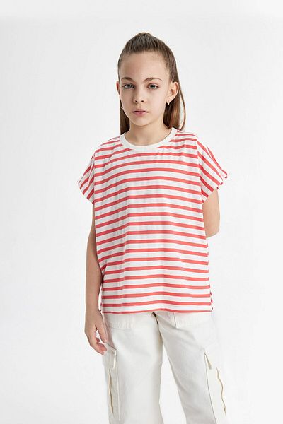 DeFacto Girls Oversize Wide Fit Crew Neck Striped Short Sleeve T-Shirt B6697A824Sm