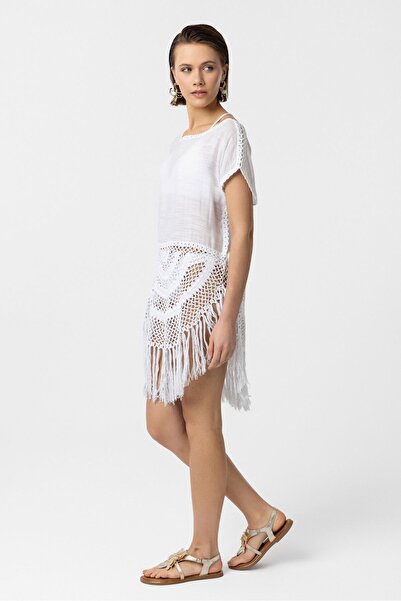 Deriderim Біла блузка з короткими рукавами та в'язаним декором