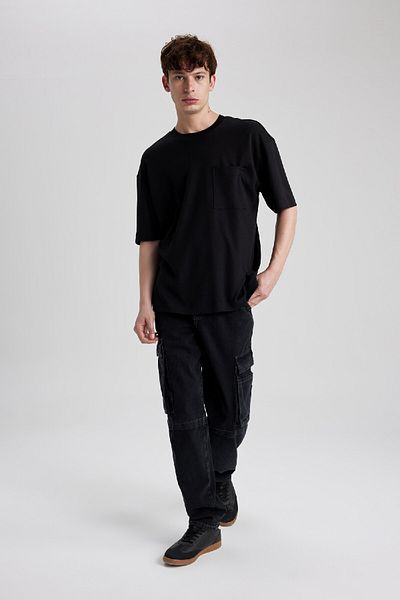 DeFacto Oversize Crew Neck 100% βαμβακερό βαρύ μπλουζάκι - κοντομάνικο T3661az24sp