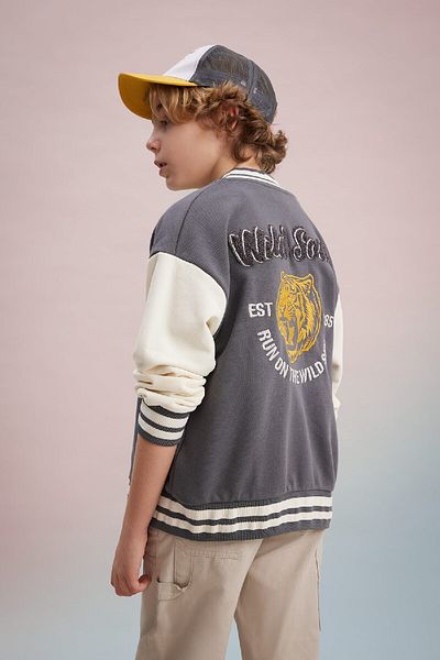 DeFacto Boy's College Collar Snap Closure Pocket Seasonal Back Printed Bomber Cardigan B6419A824Sp