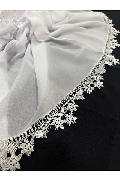 arzumçeyiz 3 Edges Embroidered Handcrafted Needlepoint Mevlüt Hijab 140 * 70 cm Size - White
