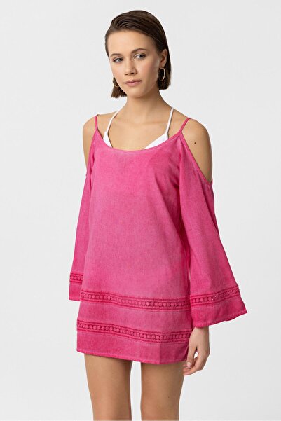 Deriderim Рожева сорочка з тонким бретельками, мереживом і рукавами-крильцями з бавовни