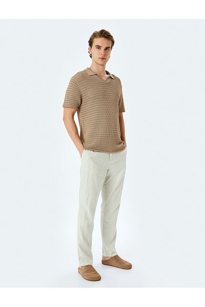 Koton New Season Viscose Blended Polo V-Neck Textured Short Sleeve Knitwear T-Shirt