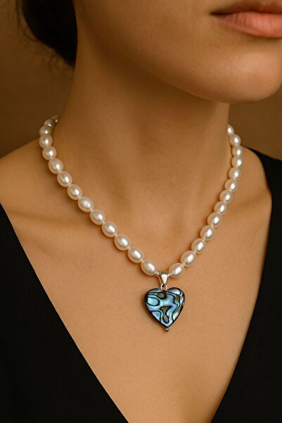 DURAN TAKI TASARIM Hakiki Inci Gümüş Kolye (abelon Sedef Kalp Taşlı )