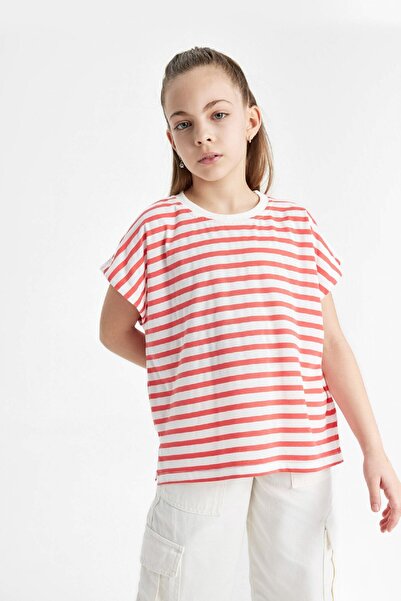 DeFacto Girls Oversize Wide Fit Crew Neck Striped Short Sleeve T-Shirt B6697A824Sm