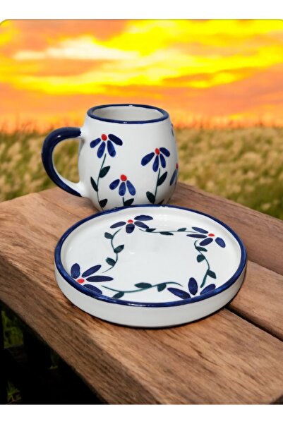 AyBİEN Aycup Mavi Çiçek Desenli Kupa&tabak Takım,mug Set
