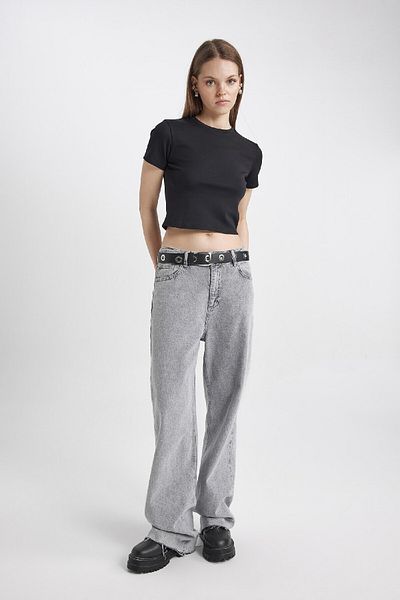 DeFacto Cool Fitted Ribana Basic Plain Crop Short Sleeve Black T-Shirt T9631Az24Sm