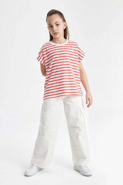 DeFacto Girls Oversize Wide Fit Crew Neck Striped Short Sleeve T-Shirt B6697A824Sm