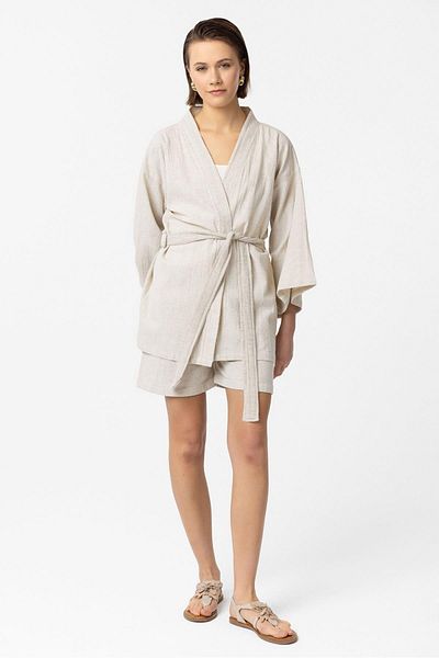 Deriderim Cream Natural Linen Shorts Suit Kimono