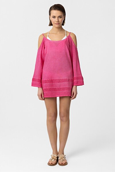 Deriderim Рожева сорочка з тонким бретельками, мереживом і рукавами-крильцями з бавовни