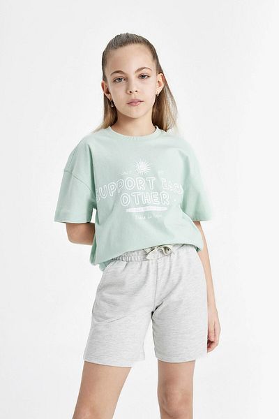 DeFacto Girl's Relax Fit Crew Neck Printed 2-Piece Short Sleeve T-Shirt B6703A824Sm