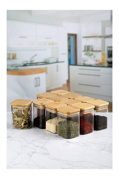 Lizzy 12'Li Square Bamboo Lid Glass Jar Luxury Series 210 ml