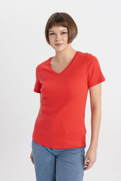 DeFacto V-Neck Slim Fit Rib T-Shirt - 100% Cotton, Short Sleeve I1080Az24Sm