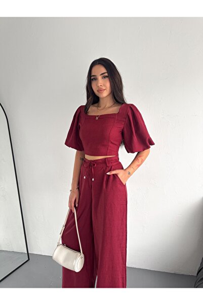 diaves Burgundy Square Collar Crop Blouse Bpl Leg Trousers Double Sofia Linen Set