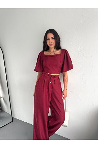 diaves Burgundy Square Collar Crop Blouse Bpl Leg Trousers Double Sofia Linen Set