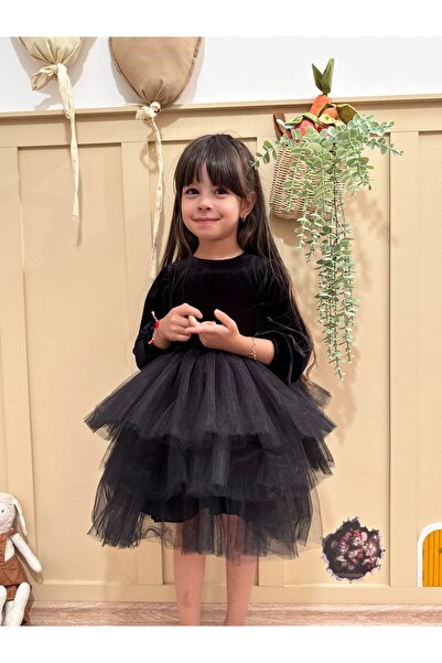 penu baby kids Siyah Uzun Kol Kat Etekli Kadife Kız Çocuk Bebek Elbise - Gloria
